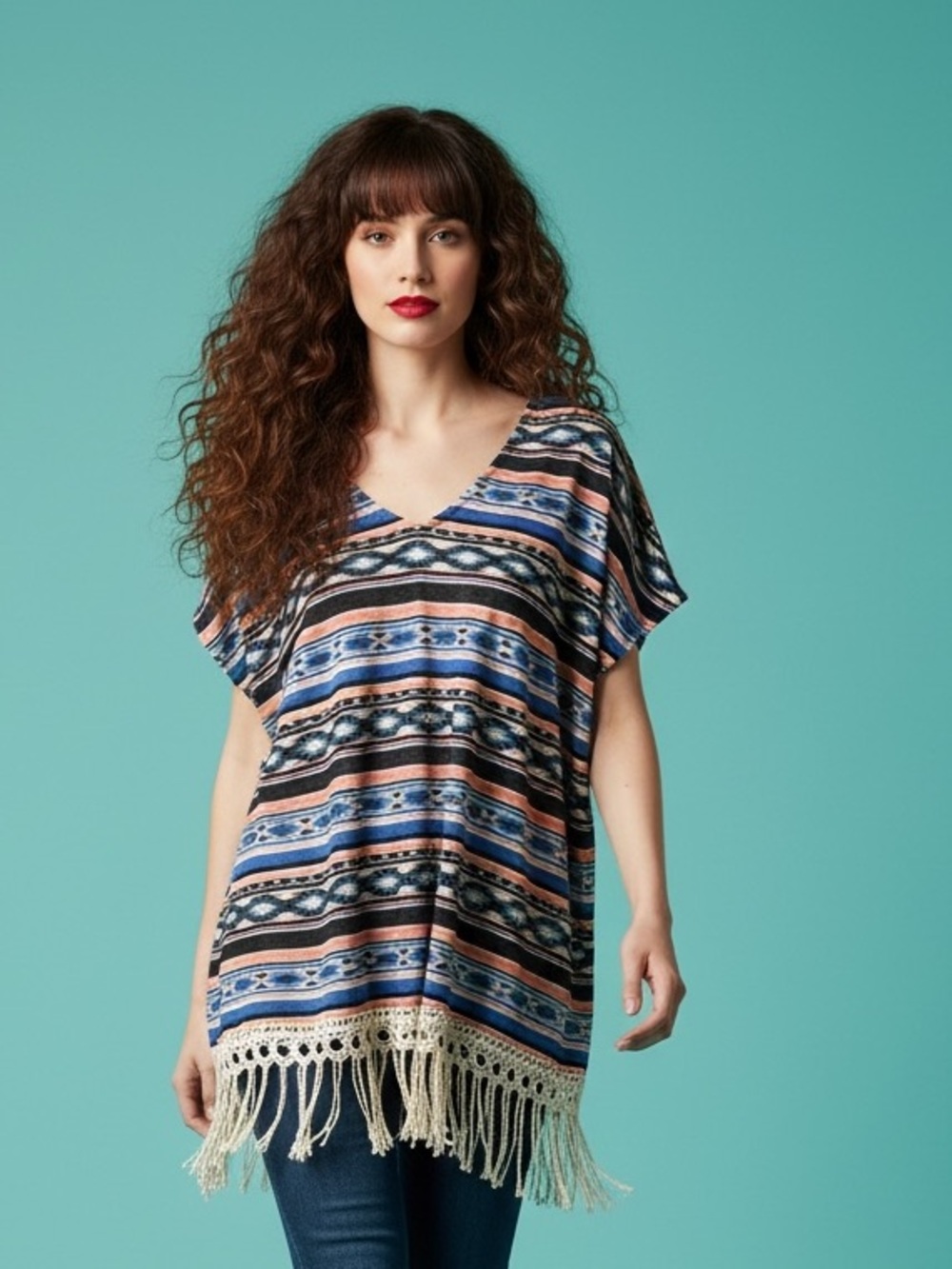 Concent Southwestern Aztec Print Fringe Tunic Top Size XL